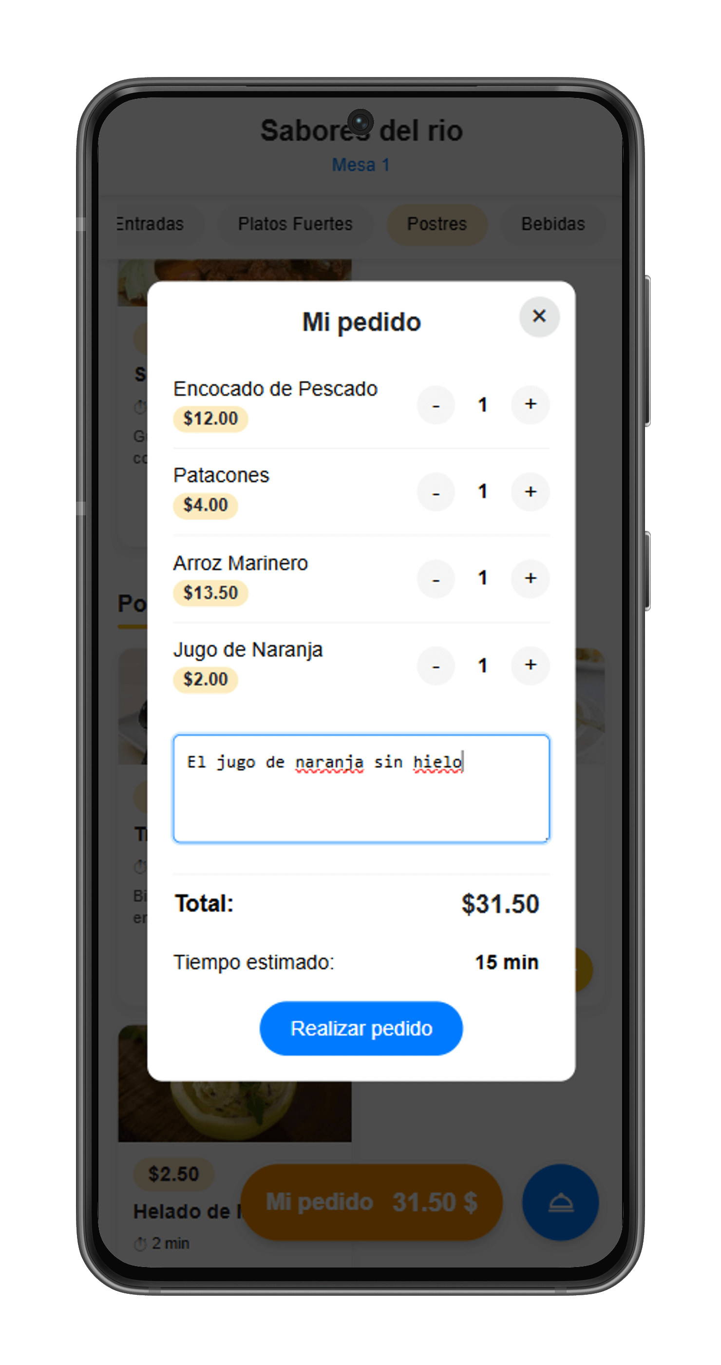 Cliente ajustando las cantidades y añadiendo notas al pedido